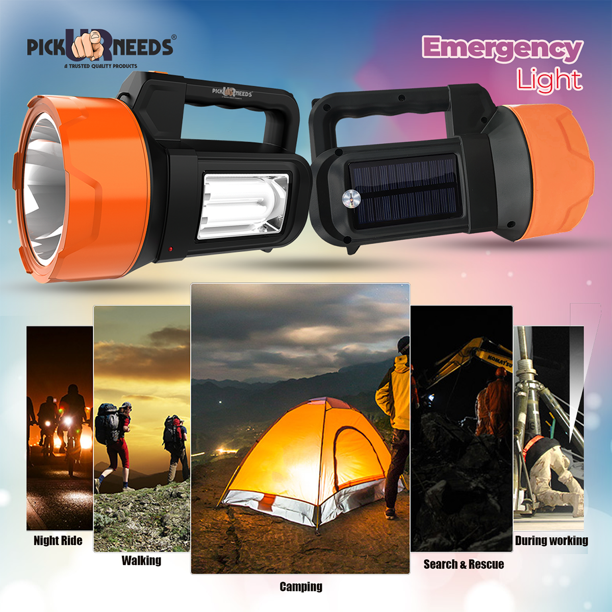 Pick Ur Needs Solar Rechargeable Emergency LED Search Long Range Torch Light 100W Tube with Blinker