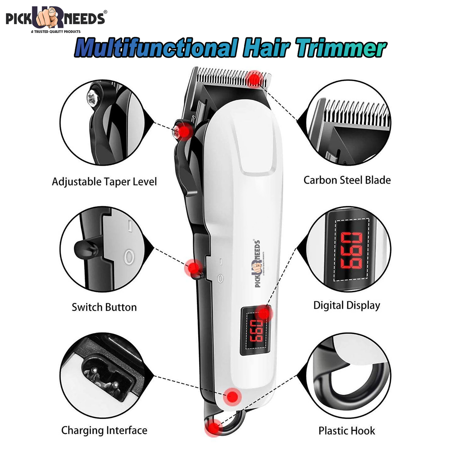 Pick Ur Needs Rechargeable Professional Hair Shaver Clipper For Men With LED Smart Display Trimmer 240 min  Runtime 3 Length Settings (White)