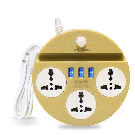 Pick Ur Needs Extension Cord Board with 3 USB Charging Ports and 3 Socket -10 Amp Heavy Duty for Multiple Devices Smartphone Tablet Laptop