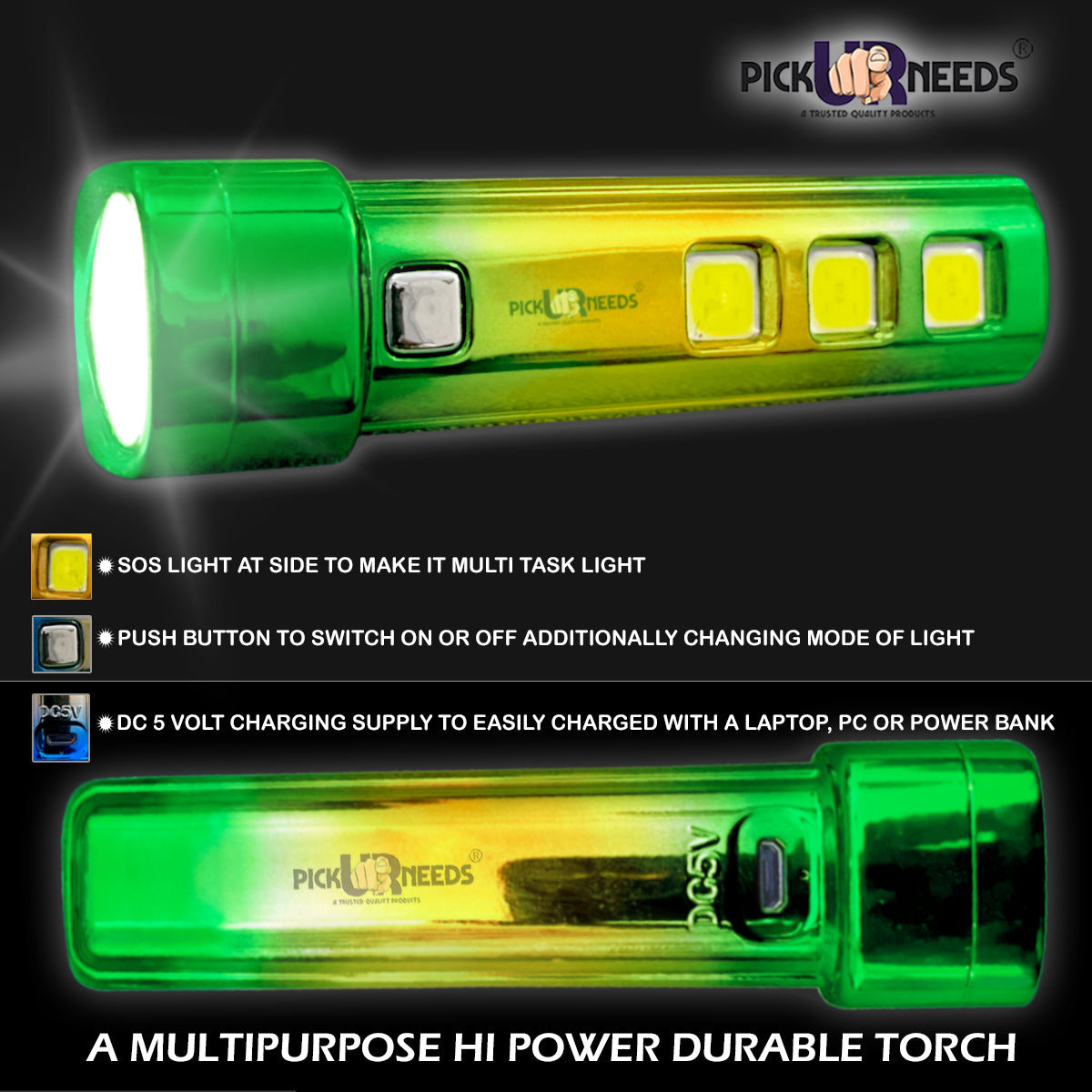 Pick Ur Needs 5 in 1 Mini Emergency Rechargeable Led Torch Light With Blinker 10 hrs Torch Emergency Light  (Multicolor)