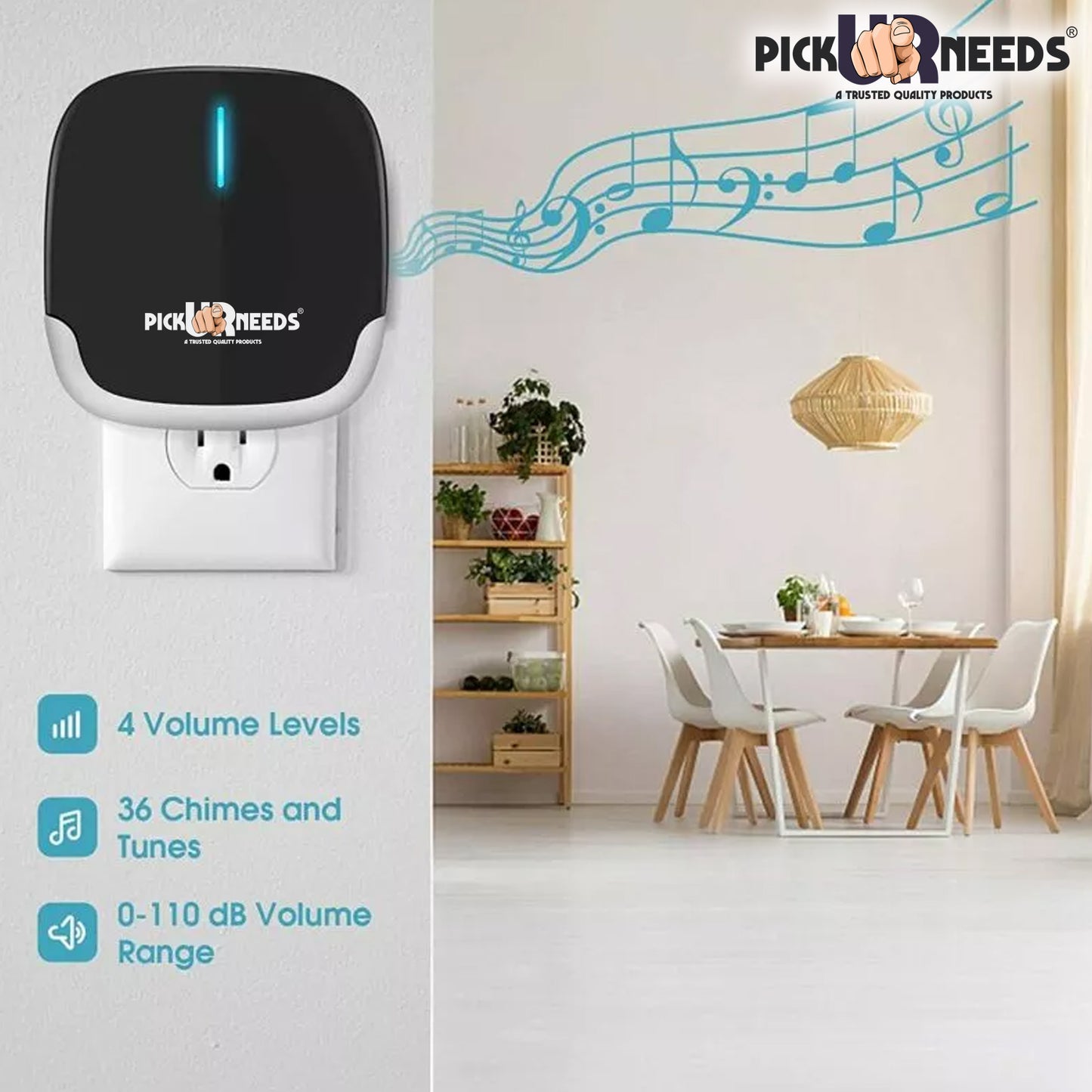 Pick Ur Needs Long Range Wireless Doorbell Easy Adjustable Ringtones with 300m Range, 36 Tunes, Led Indicator, 4 Volume Levels