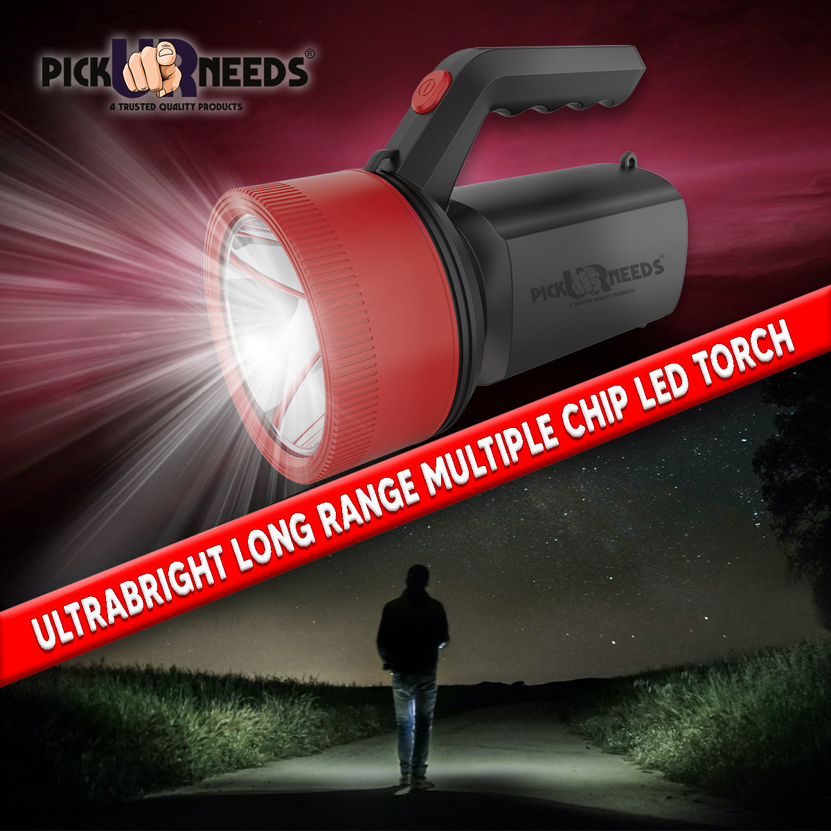 Pick Ur Needs Rechargeable Long Range Light 100W Searchlight with Multi-Functional + Blinker Handheld Torch