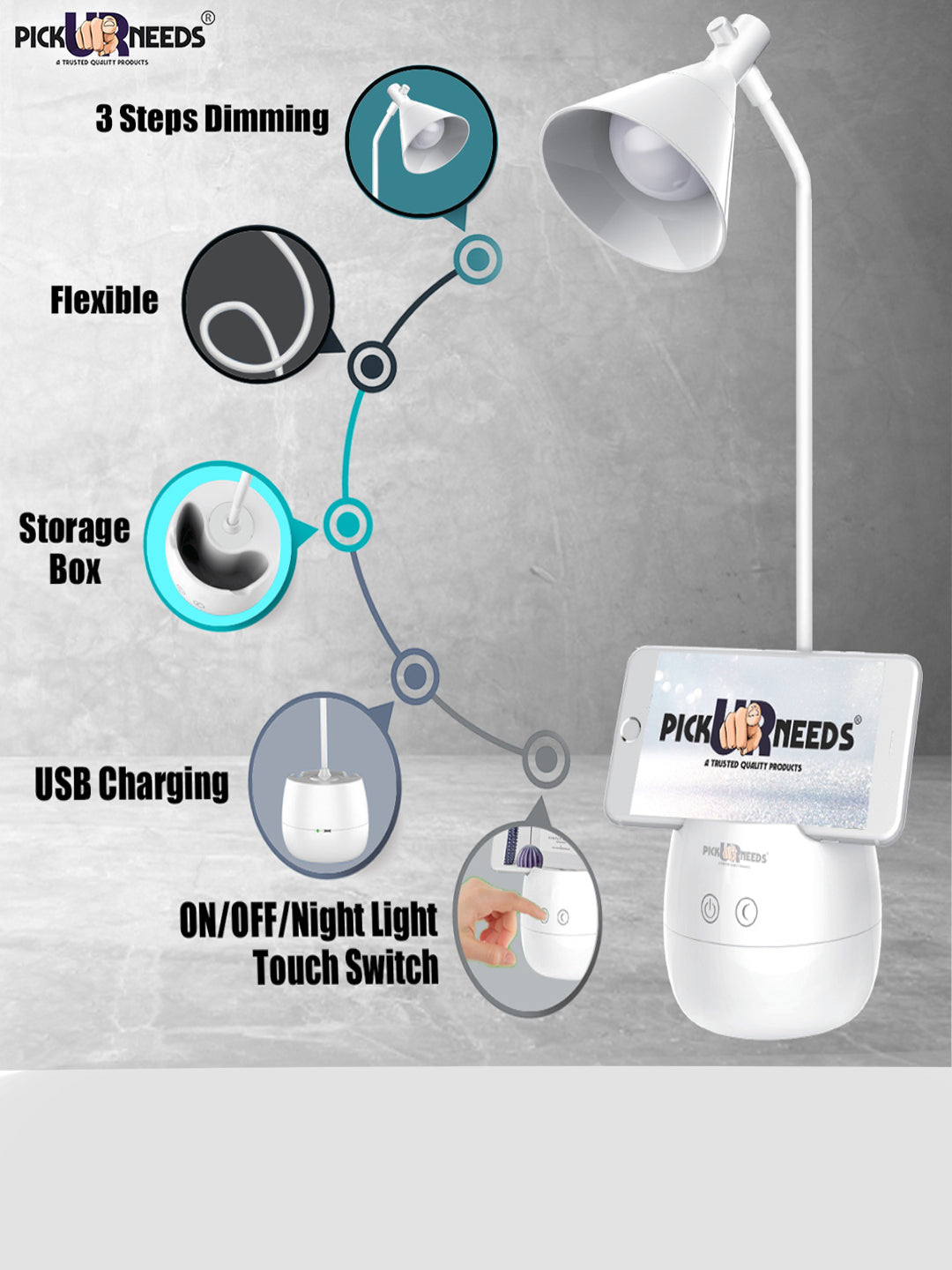 Pick Ur Needs Study Table/Desk Lamp Touch with Pen Holder Rechargeable Eye Protection Study Lamp  (35 cm, White)