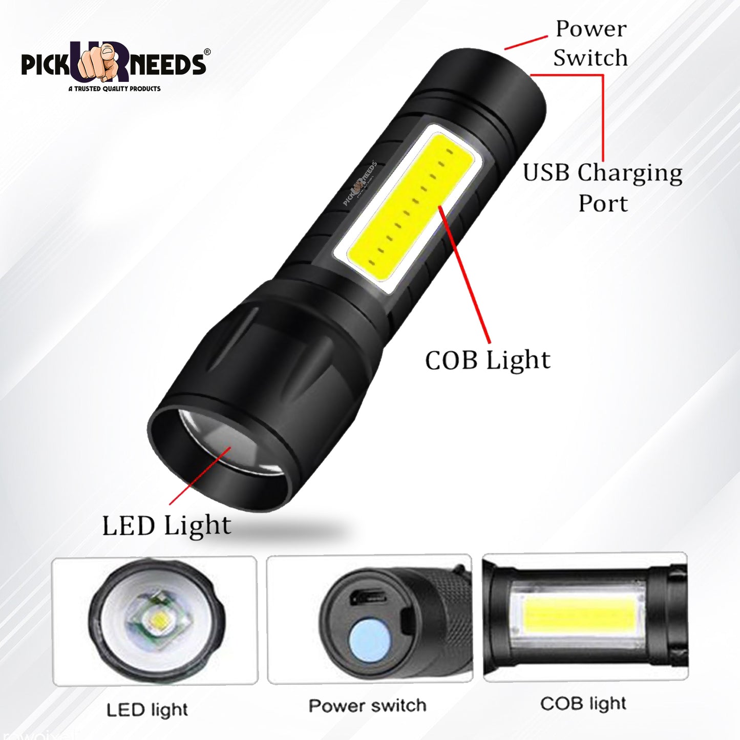 Pick Ur Needs Rechargeable 9W LED Mini Emergency Light Torch Zoomable Flashlight Torch