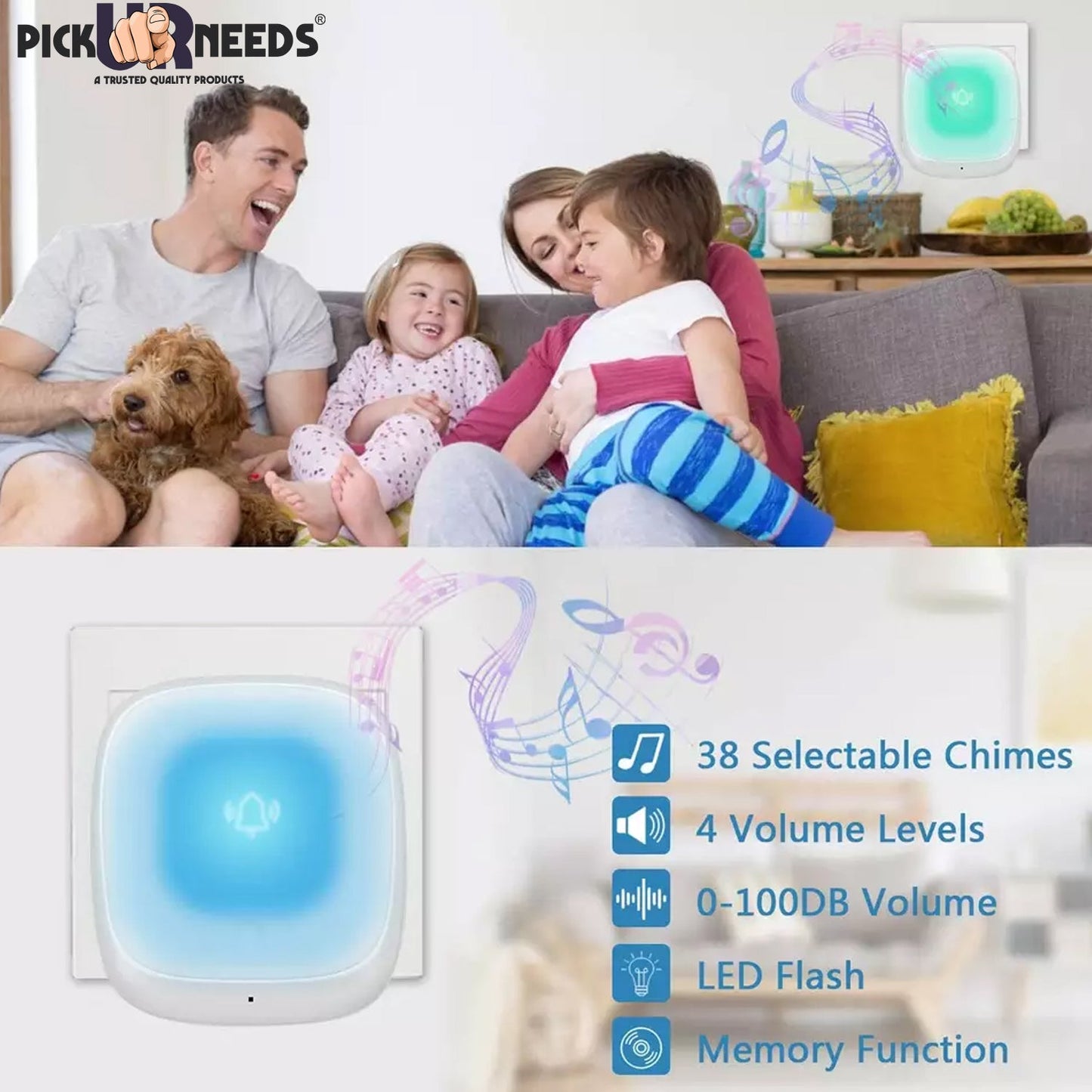 Pick Ur Needs Long Range Wireless Doorbell Easy Adjustable Ringtones with 300m Range, 36 Tunes, Led Indicator, 4 Volume Levels