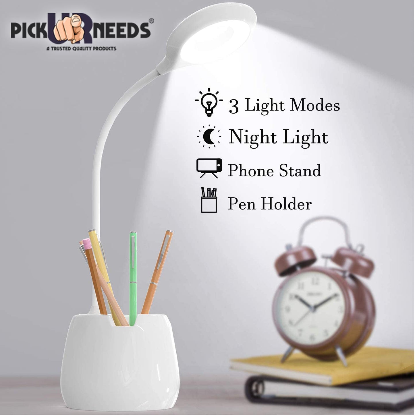 Pick Ur Needs Table Lamp with USB Charging Cable Touch Control Flexible Head with Pen Stand Desk