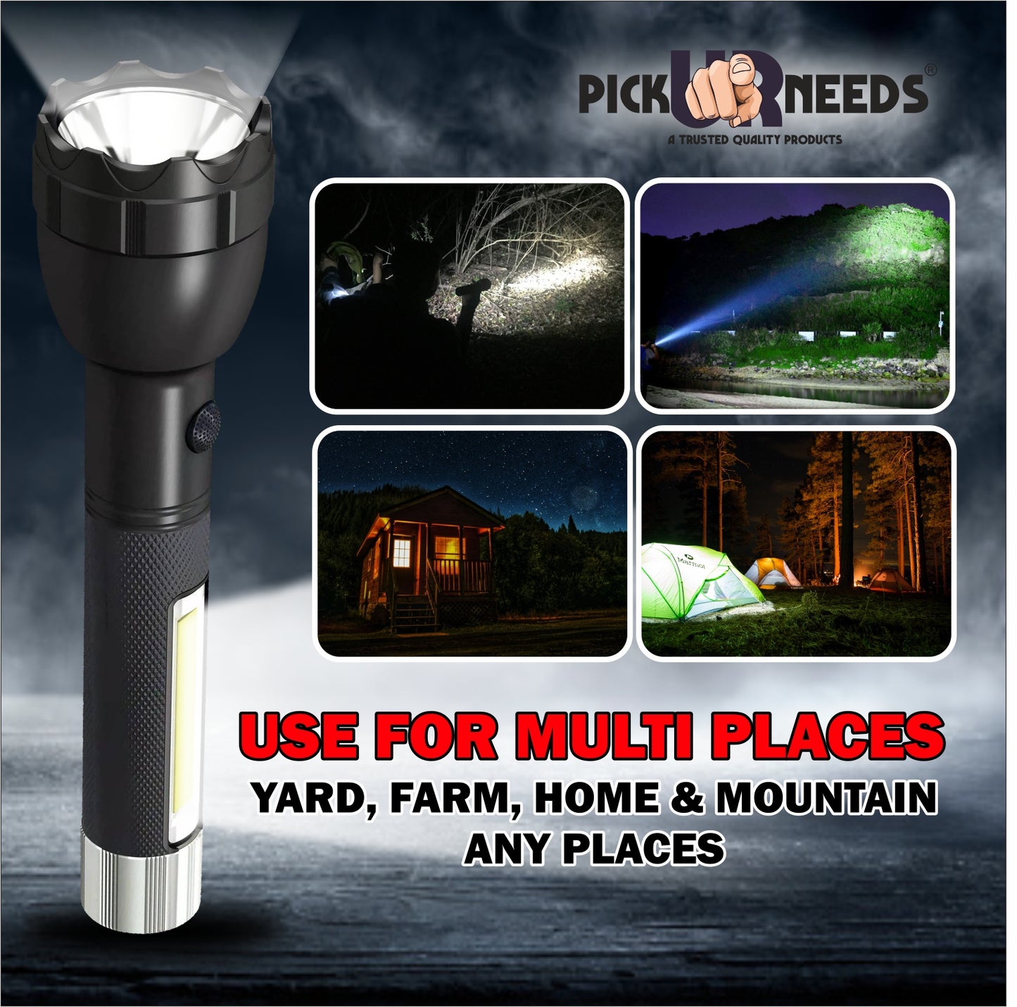 Pick Ur Needs Rechargeable Long Range Torch 1500mAh Battery 50W LED Light with 6-Hour Backup, Fast 2-Hour Charging, 3 Modes (High/Low/Side Lights)