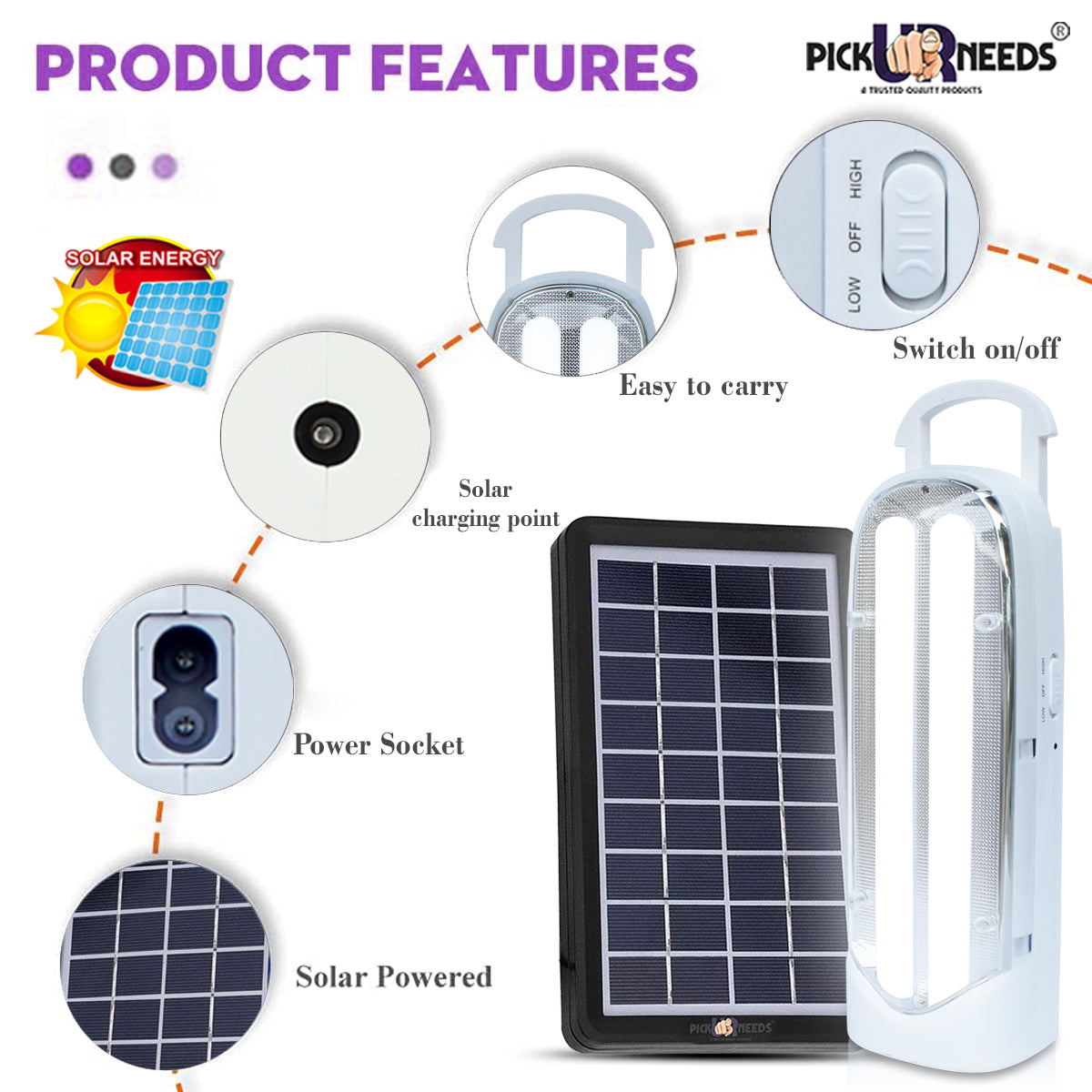 Pick Ur Needs Long & Portable 45 SMD Light with 15 Hours Backup Emergency Lantern Light (2 Tube White) with Solar Panel(3W