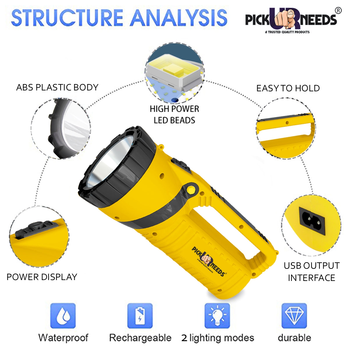 Pick Ur Needs Solar Rechargeable Emergency Long Range Search Torch Light 75 Watts + 24 SMD