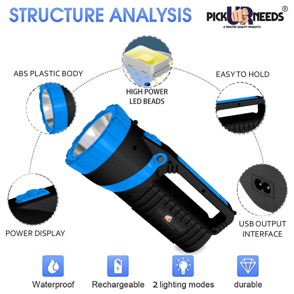 Pick Ur Needs Solar Rechargeable Emergency Long Range Search Torch Light 75 Watts + 24 SMD