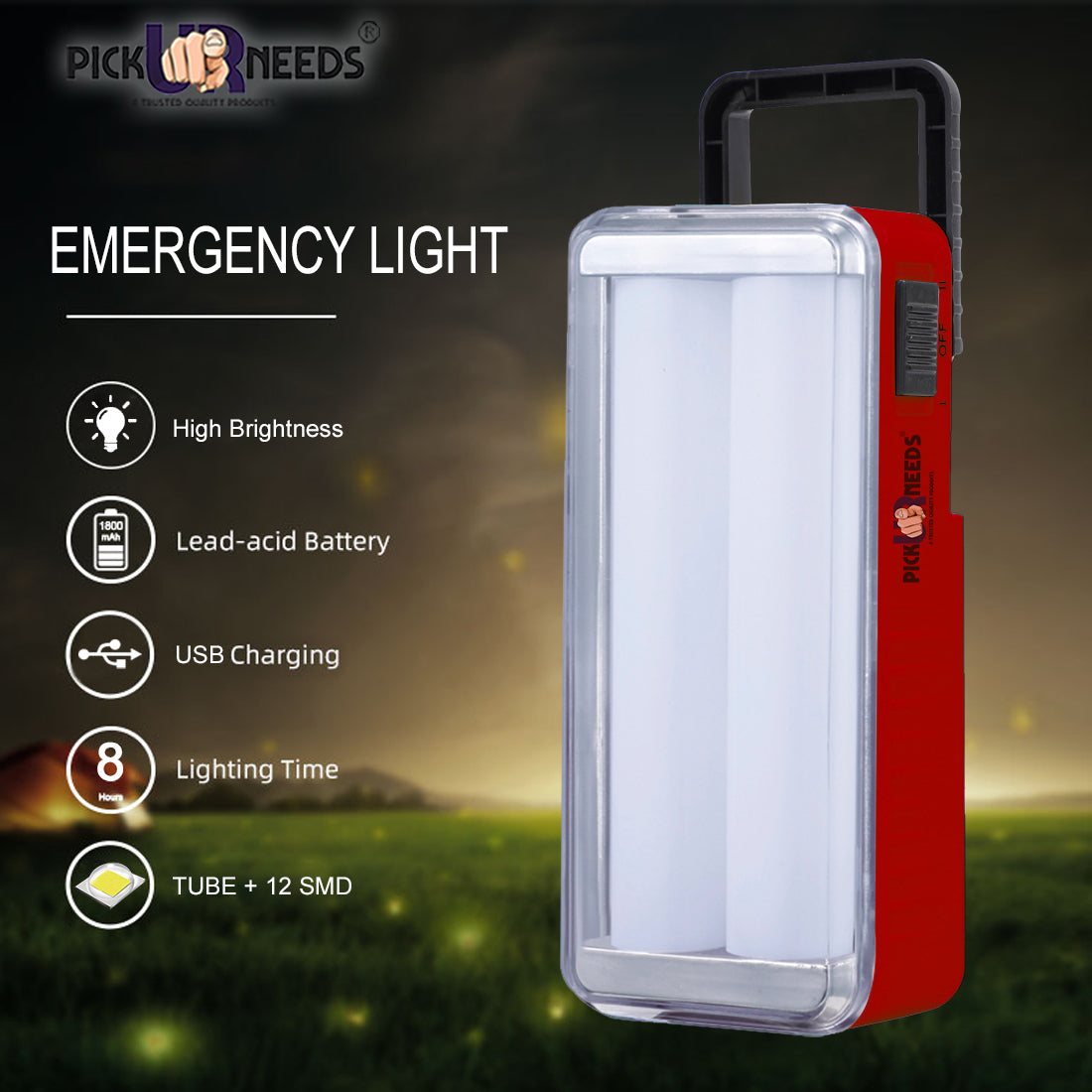 Pick Ur Needs High-Bright 2 Tube Rechargeable Floor Lantern Lamp With 5 Hrs Emergency Light
