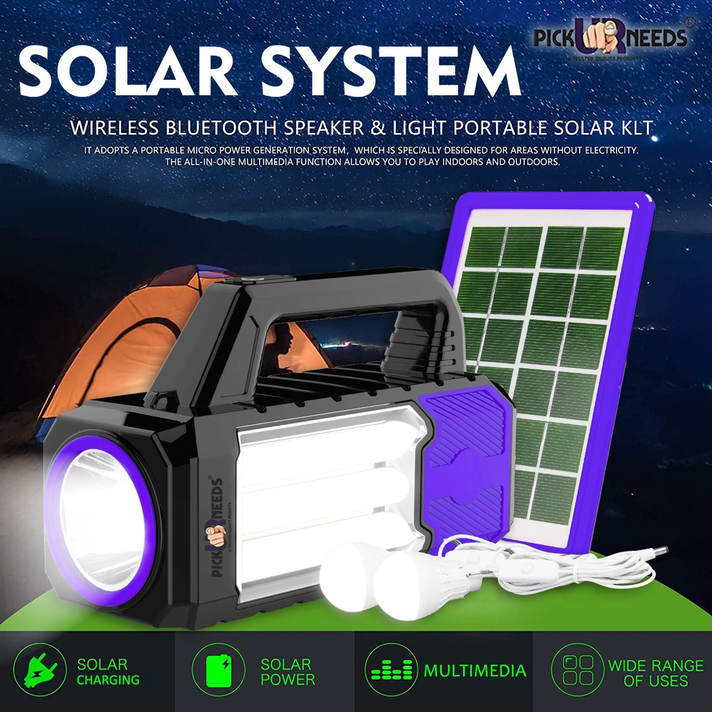 Pick Ur Needs Portable Multifunctional Solar Led Lighting 100W Tube & Music System Generator Power Bank Outlet Camping Emergency