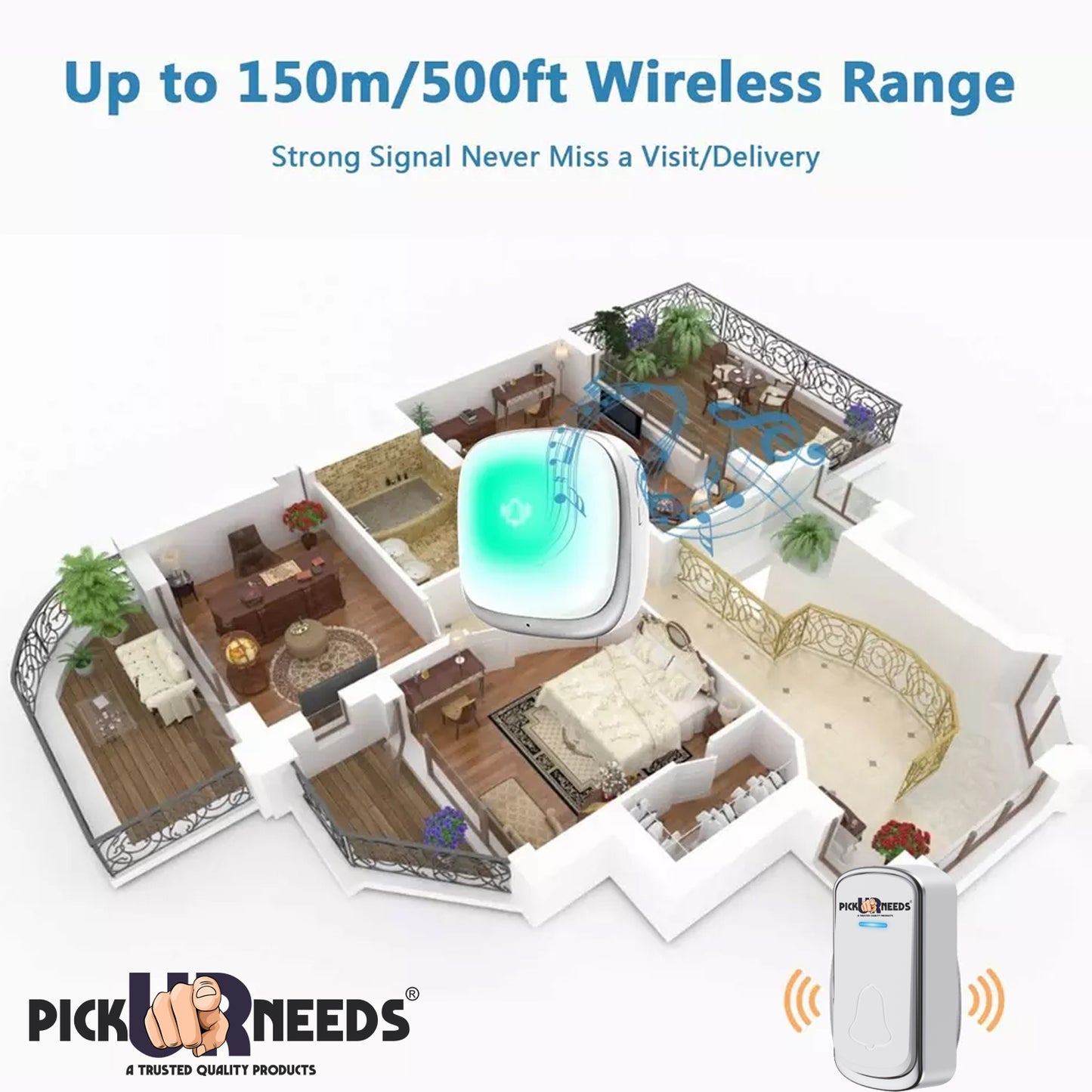 Pick Ur Needs Long Range Wireless Doorbell Easy Adjustable Ringtones with 300m Range, 36 Tunes, Led Indicator, 4 Volume Levels