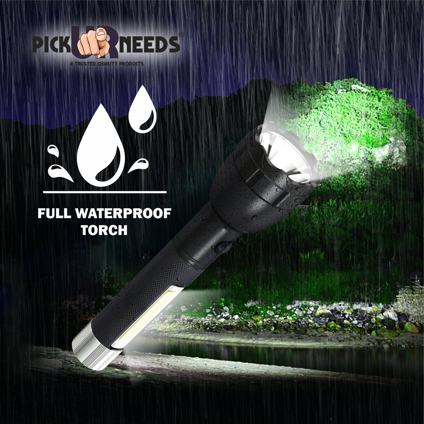 Pick Ur Needs Rechargeable Long Range Torch 1500mAh Battery 50W LED Light with 6-Hour Backup, Fast 2-Hour Charging, 3 Modes (High/Low/Side Lights)