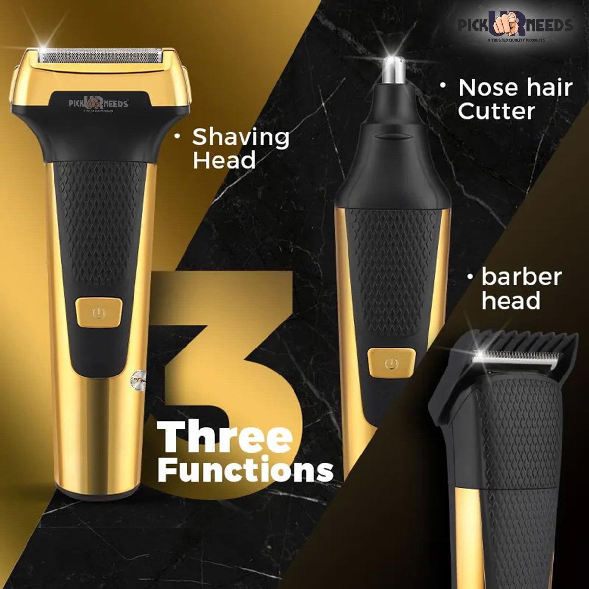 Pick Ur Needs Professional Rechargeable Cordless 3 in1 Waterproof Beard/ Hair/ Nose Trimmer 90 min Runtime 3 Length Settings  (Gold)