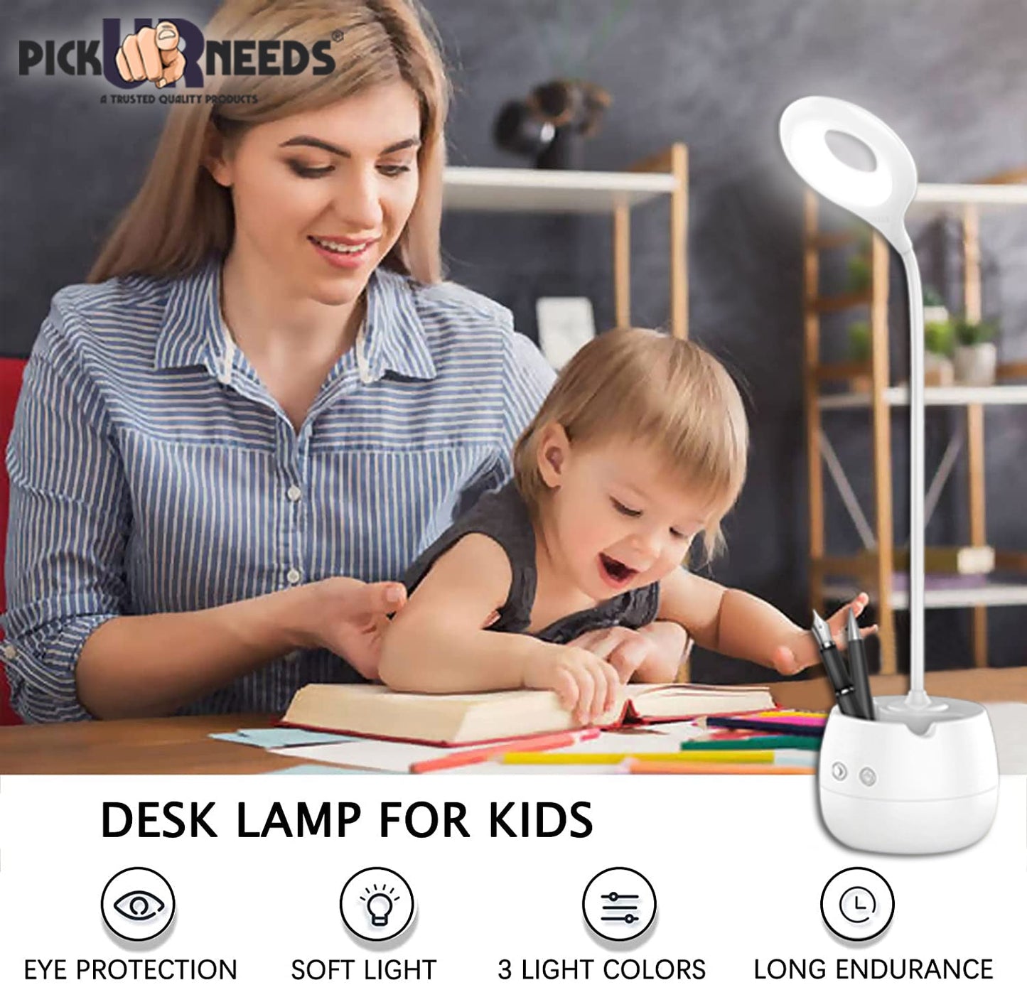 Pick Ur Needs Table Lamp with USB Charging Cable Touch Control Flexible Head with Pen Stand Desk