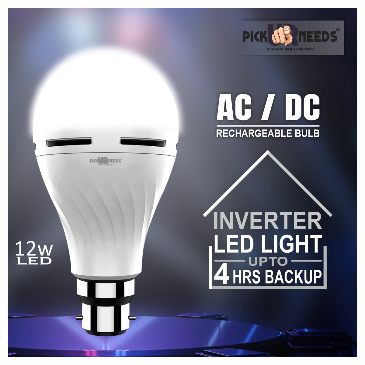 Pick Ur Needs 12 Watt Inverter Led Bulb AC/DC Auto Rechargeable Emergency Bulb for Home Backup 4 hrs Bulb Emergency Light  (Pack of 4)