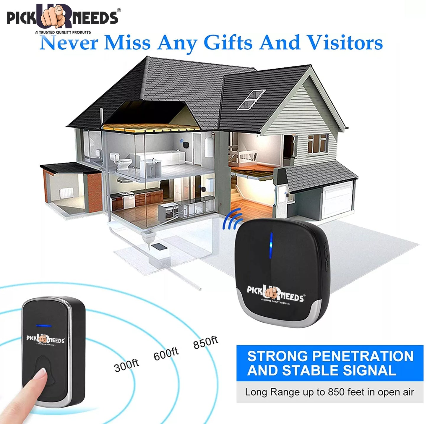 Pick Ur Needs Long Range Wireless Doorbell Easy Adjustable Ringtones with 300m Range, 36 Tunes, Led Indicator, 4 Volume Levels