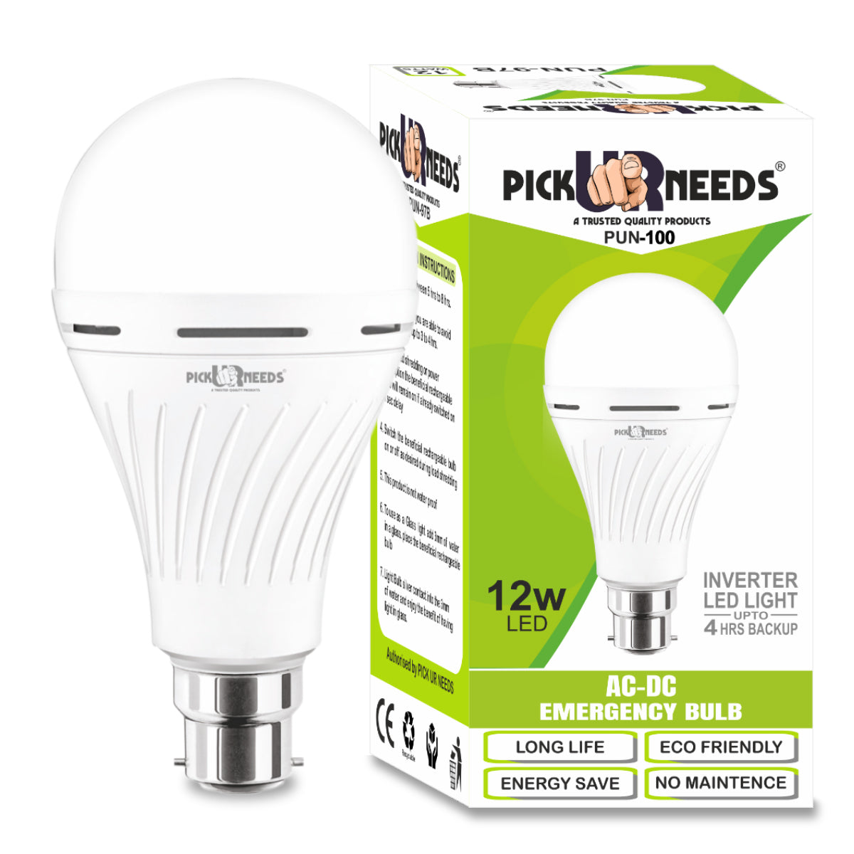 Pick Ur Needs Rechargeable LED Inverter AC/DC Bulb 12W B22 D 4 hrs Bul