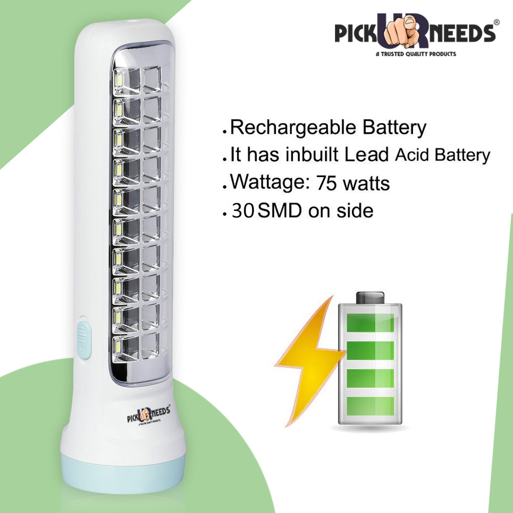 Pick Ur Needs Dual Mode Power Full Led Rechargeable Long Range Torch With Side Emergency 30 Led 6 hrs Torch Emergency Light  (White)
