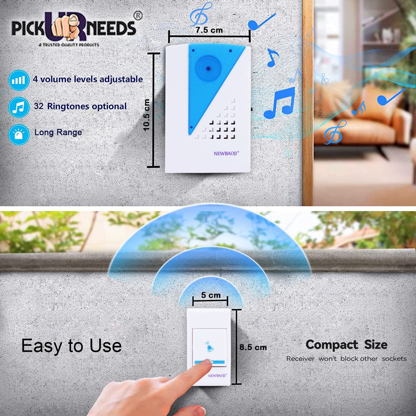 Pick Ur Needs Wireless Long Range Doorbell Easy Adjustable Ringtones with Remote Door Wind Chimes for Multi Use