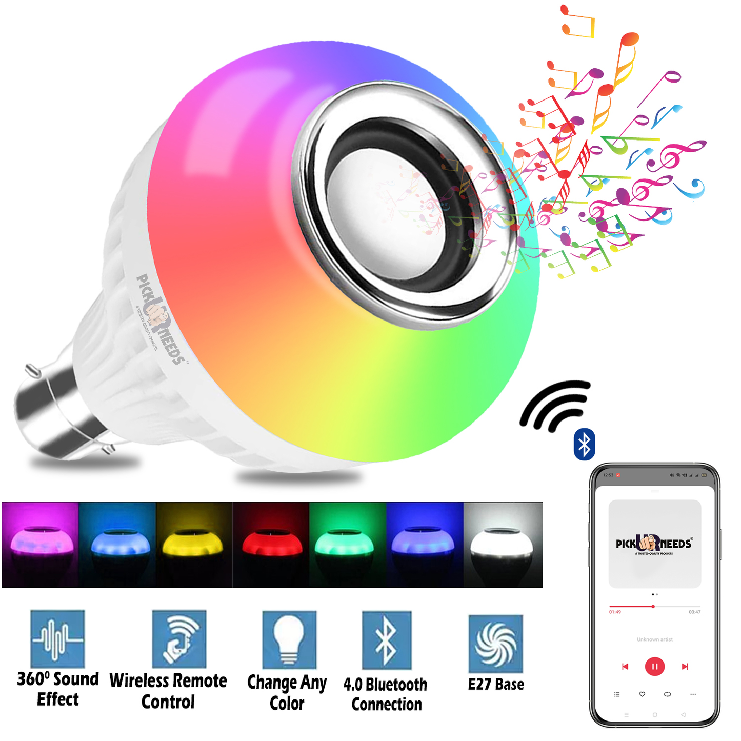 Pick Ur Needs® Bluetooth Speaker Smart Lighting Music Bulb Color Changing with Remote Control (Pack of 2)