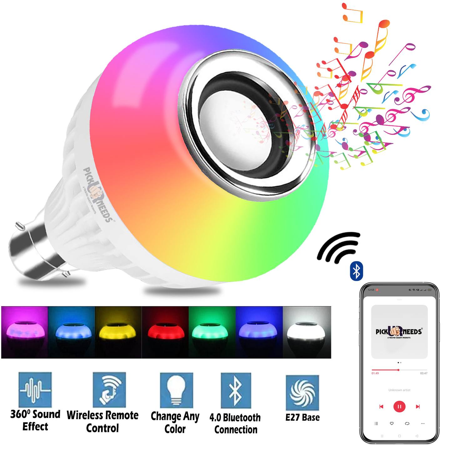 Pick Ur Needs Bluetooth Speaker Smart Lighting Music Bulb Color Changing with Remote Control (Pack of 2)