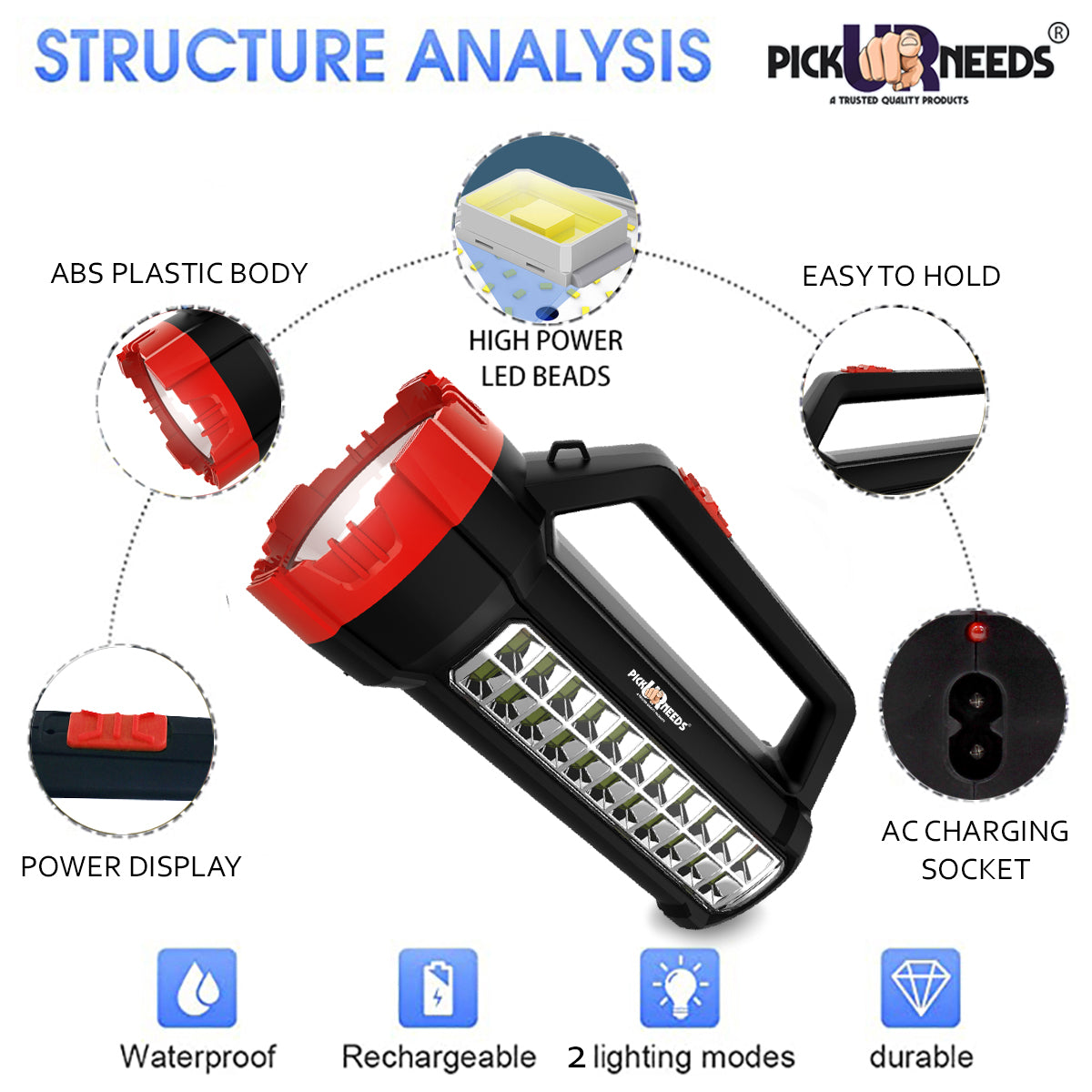Pick Ur Needs Rechargeable 75W+22SMD Emergency LED Long Range Waterproof Torch Light With 5 hrs Torch Emergency Light
