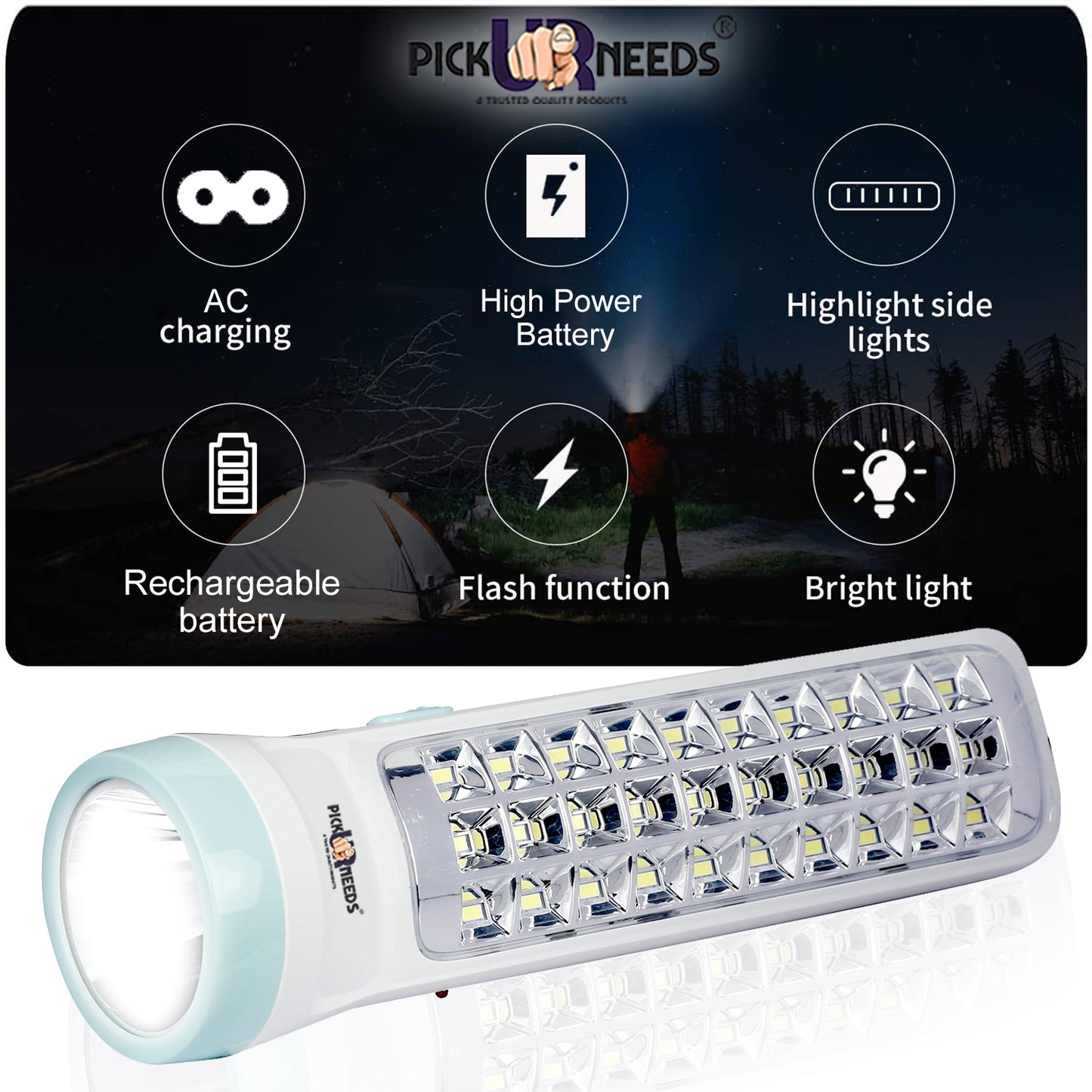 Pick Ur Needs Dual Mode Power Full Led Rechargeable Long Range Torch With Side Emergency 30 Led 6 hrs Torch Emergency Light  (White)