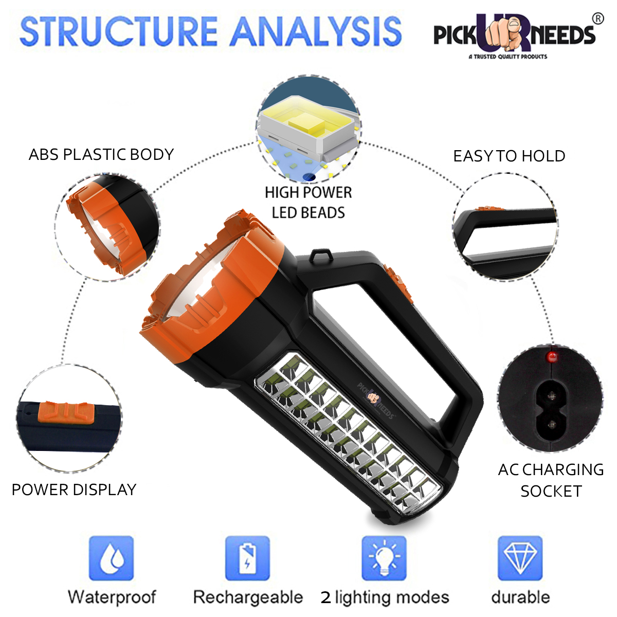 Pick Ur Needs Rechargeable 75W+22SMD Emergency LED Long Range Waterproof Torch Light With 5 hrs Torch Emergency Light