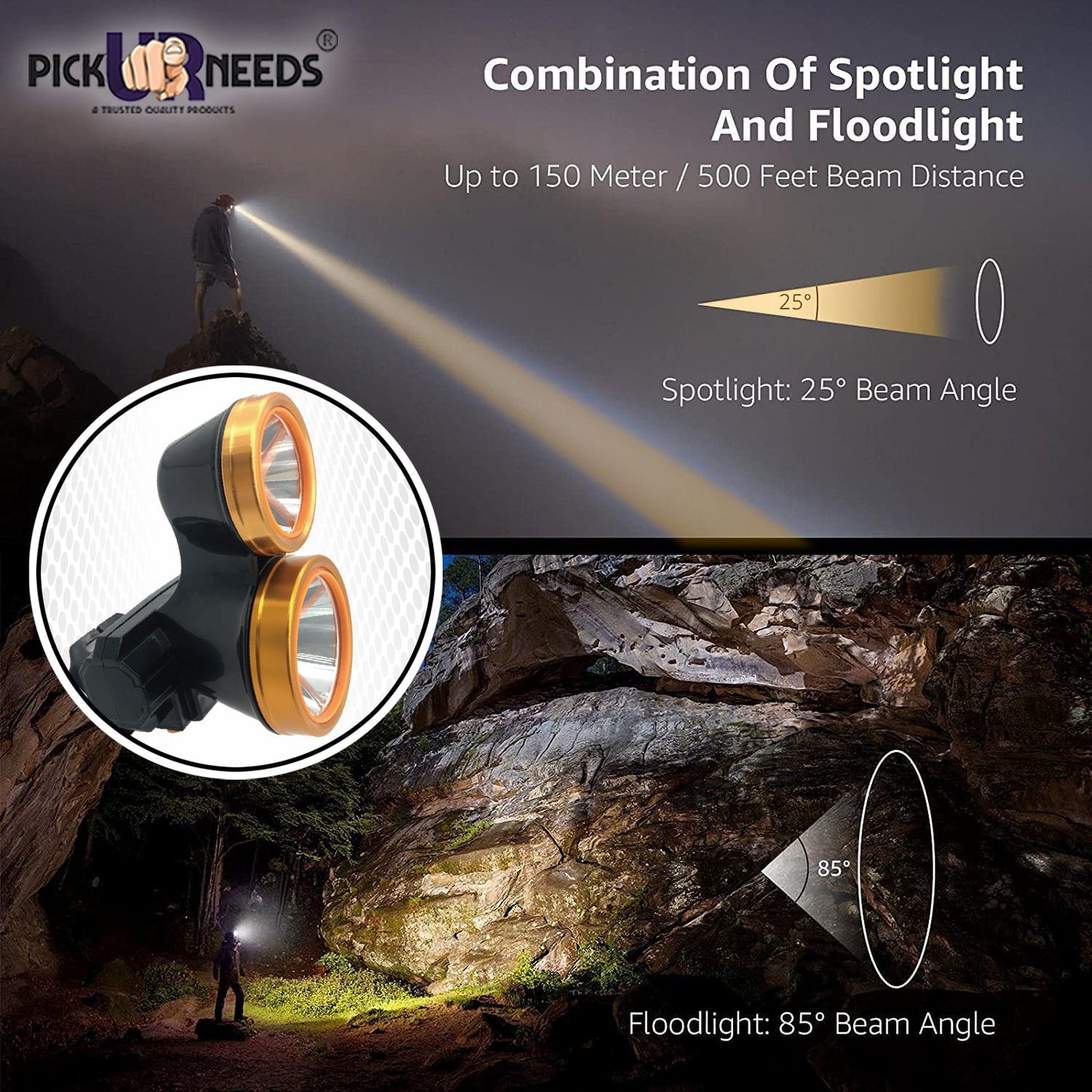Pick Ur Needs Rechargeable LED Dual Emergency Head Lamp Torch Light For Hiking, Camping