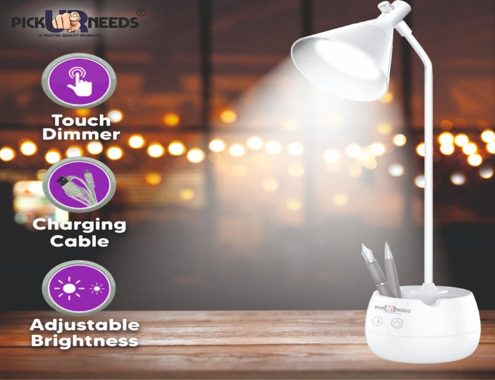 Pick Ur Needs Study Table/Desk Lamp Touch with Pen Holder Rechargeable Eye Protection Study Lamp  (35 cm, White)