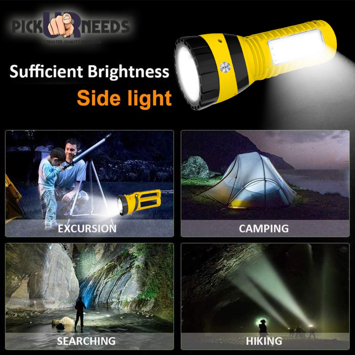 Pick Ur Needs Solar Rechargeable Emergency Long Range Search Torch Light 75 Watts + 24 SMD