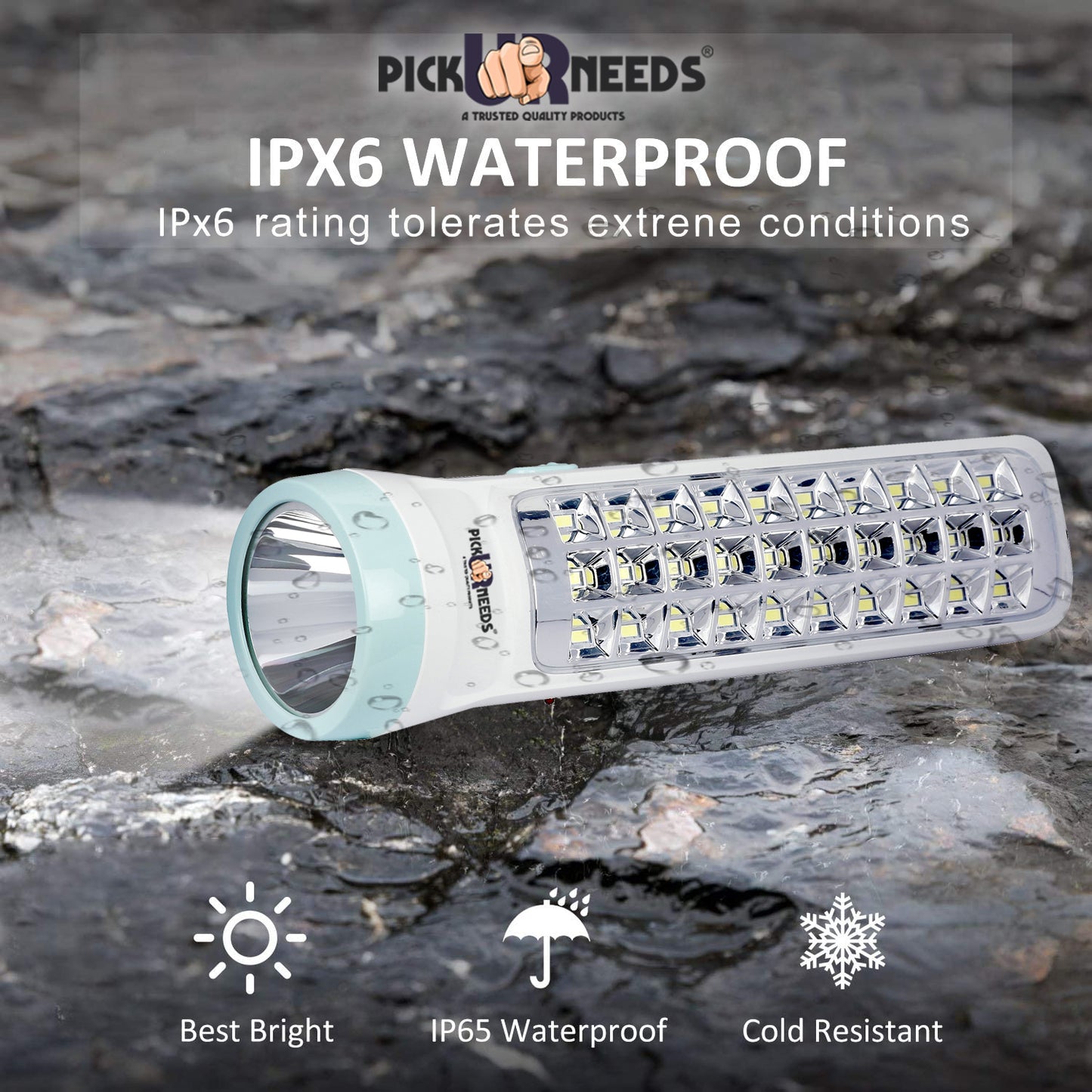 Pick Ur Needs Dual Mode Power Full Led Rechargeable Long Range Torch With Side Emergency 30 Led 6 hrs Torch Emergency Light  (White)