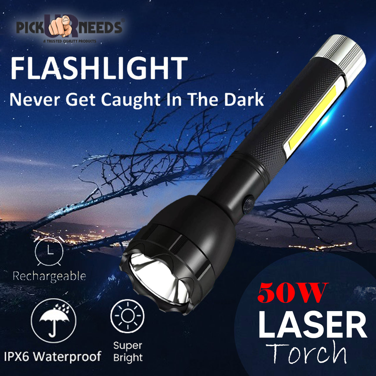 Pick Ur Needs Rechargeable Long Range Torch 1500mAh Battery 50W LED Light with 6-Hour Backup, Fast 2-Hour Charging, 3 Modes (High/Low/Side Lights)