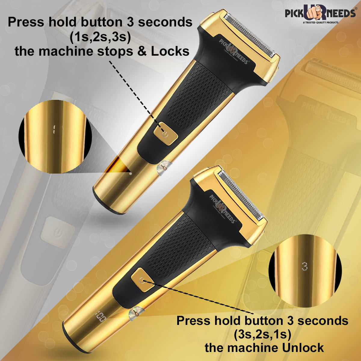 Pick Ur Needs Professional Rechargeable Cordless 3 in1 Waterproof Beard/ Hair/ Nose Trimmer 90 min Runtime 3 Length Settings  (Gold)