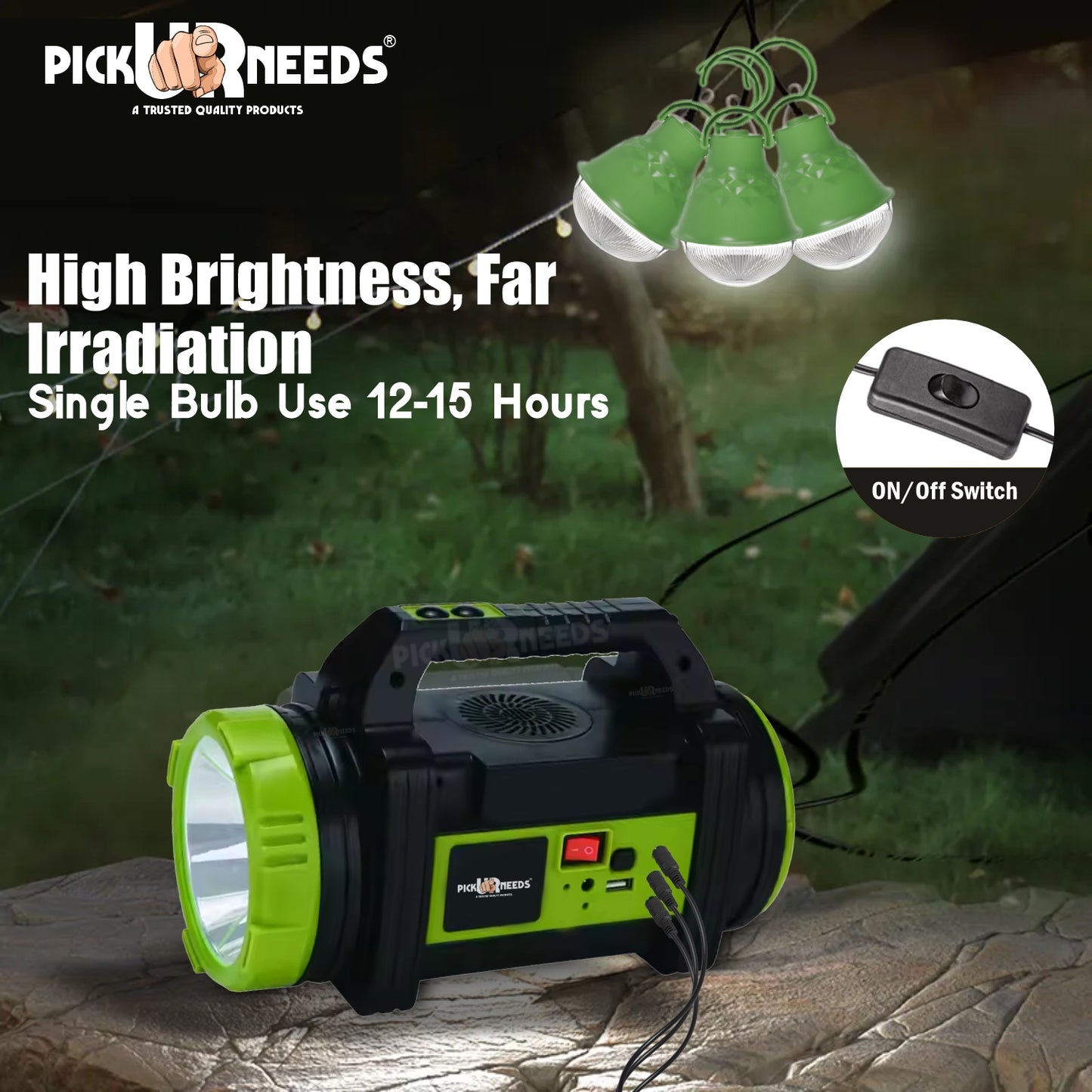 Pick Ur Needs Rechargeable 200W Portable Solar Inverter Kit Emergency Long Range Torch Light with Attach Fan, 3 Bulbs 6000mAh Battery