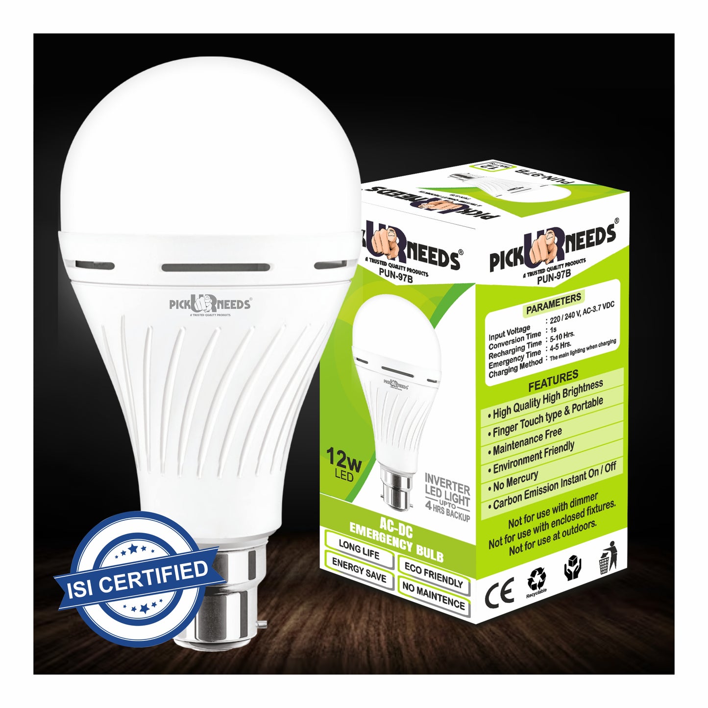Pick Ur Needs 12 Watt Inverter Led Bulb AC/DC Auto Rechargeable Emergency Bulb for Home Backup 4 hrs Bulb Emergency Light  (Pack of 4)