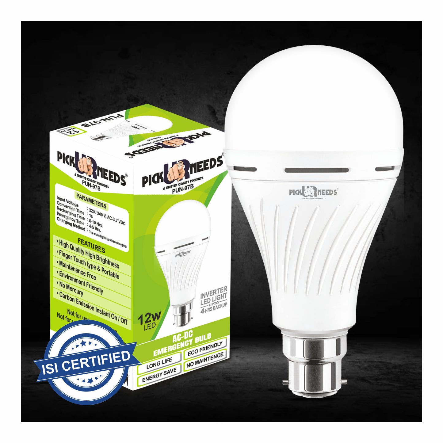 Pick Ur Needs 12 Watt Inverter Led Light Bulb AC/DC Auto Rechargeable Emergency Bulb for Home Backup 4 hrs Bulb Emergency Light  (Pack of 2)
