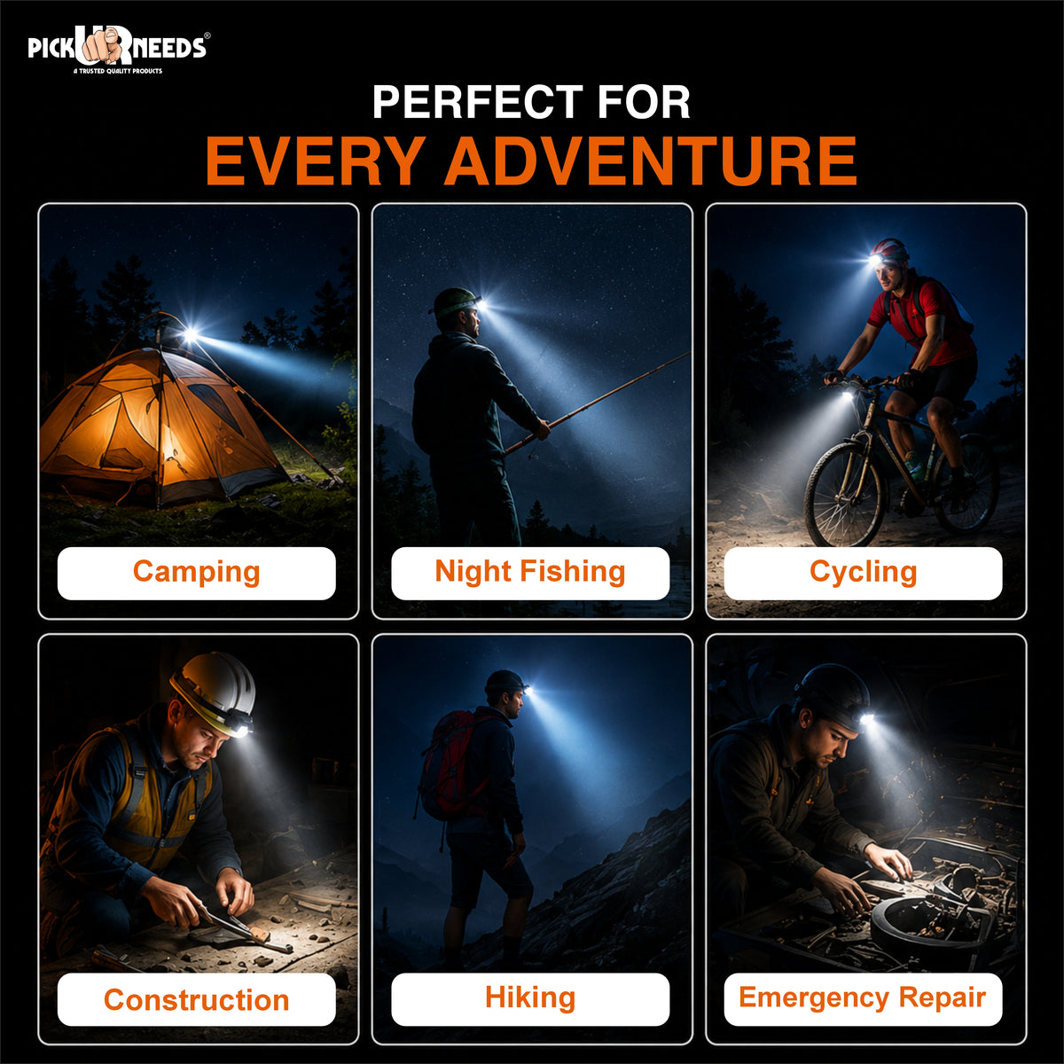 Pick Ur Needs 100W Rechargeable Long Range LED Headlamp Emergency Torch with 1500mAh Battery Metal Head Zooming Adjustable 3 Lighting Modes