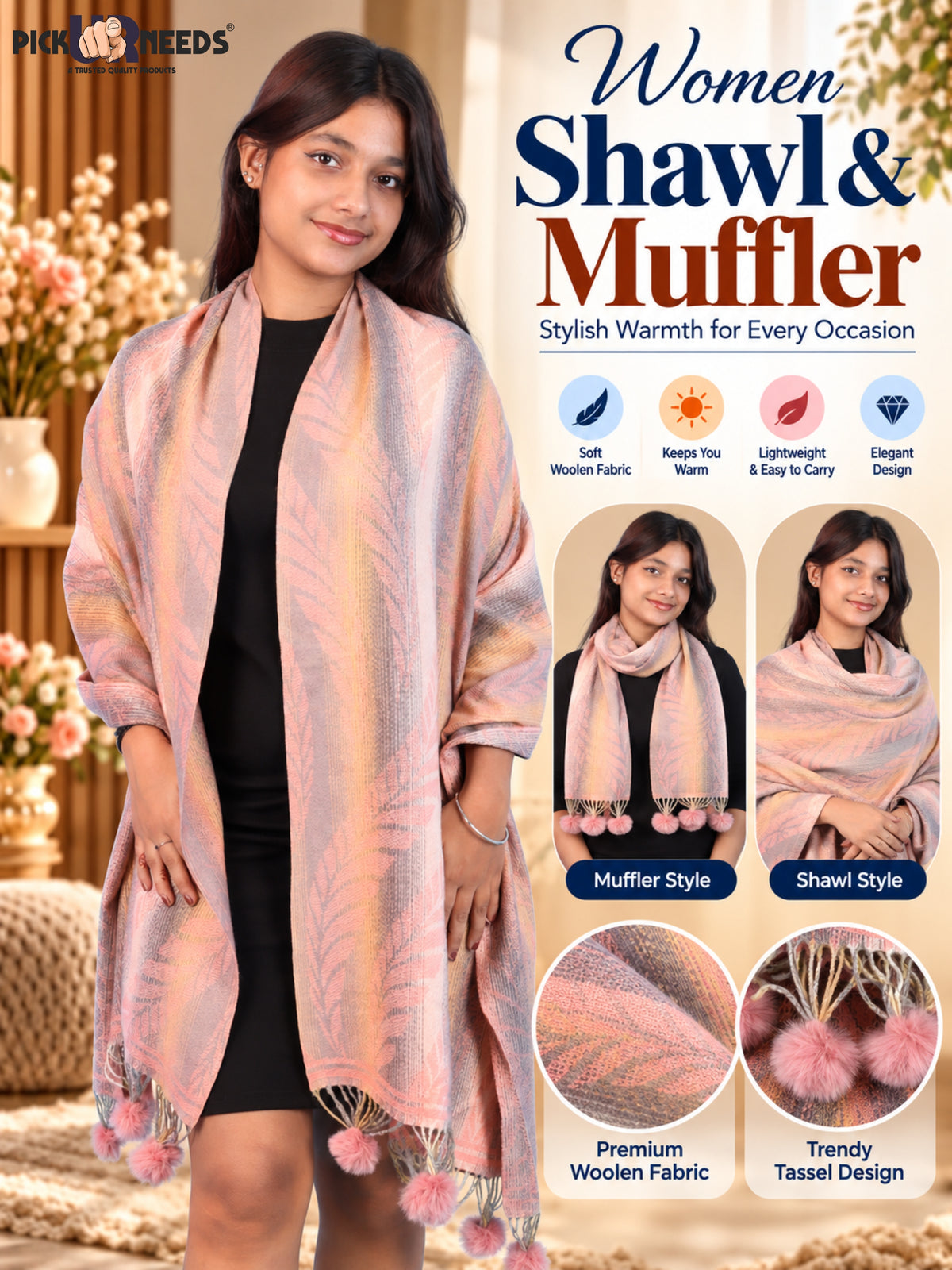 Pick Ur Needs Womens Designer Woolen Shawl & Stole with Elegant Leaf Pattern and Pom Pom Tassels, Winter Soft Warm Lightweight Winter Wrap