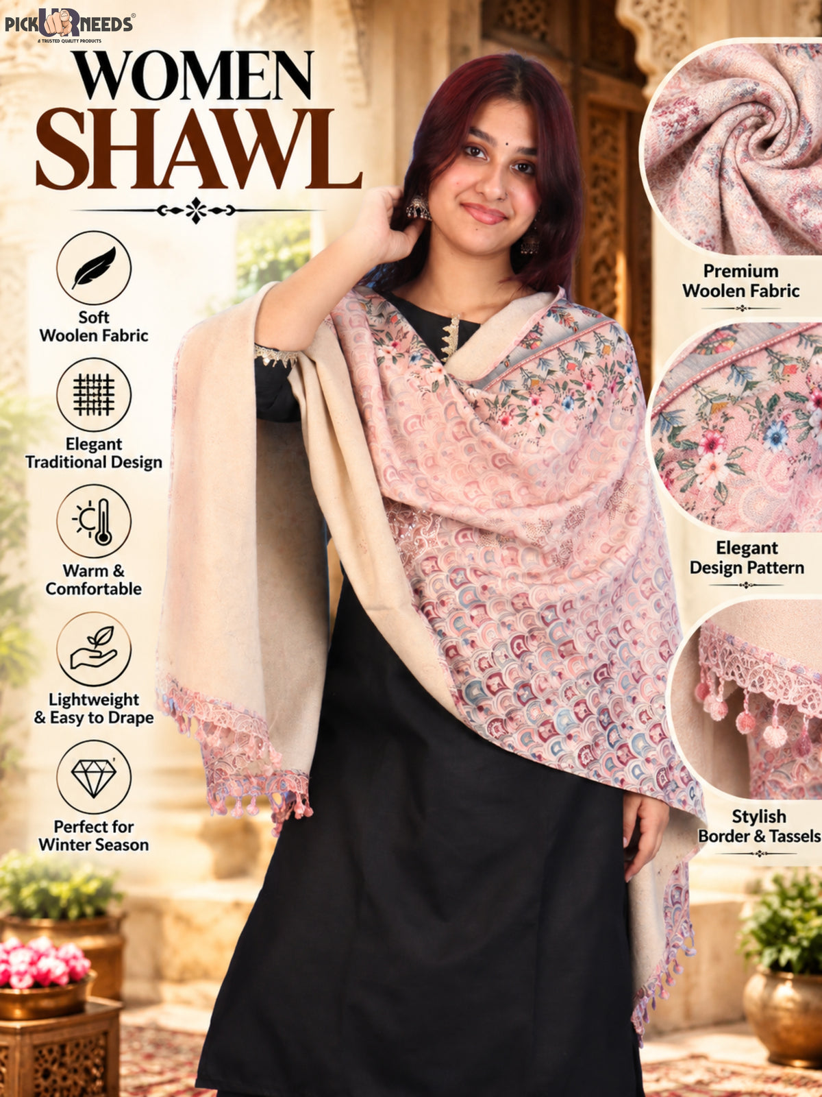 Pick Ur Needs Premium Stylish Womens & Girls Elegant Woolen Shawl Soft Warm Printed Stole with Lace Tassels