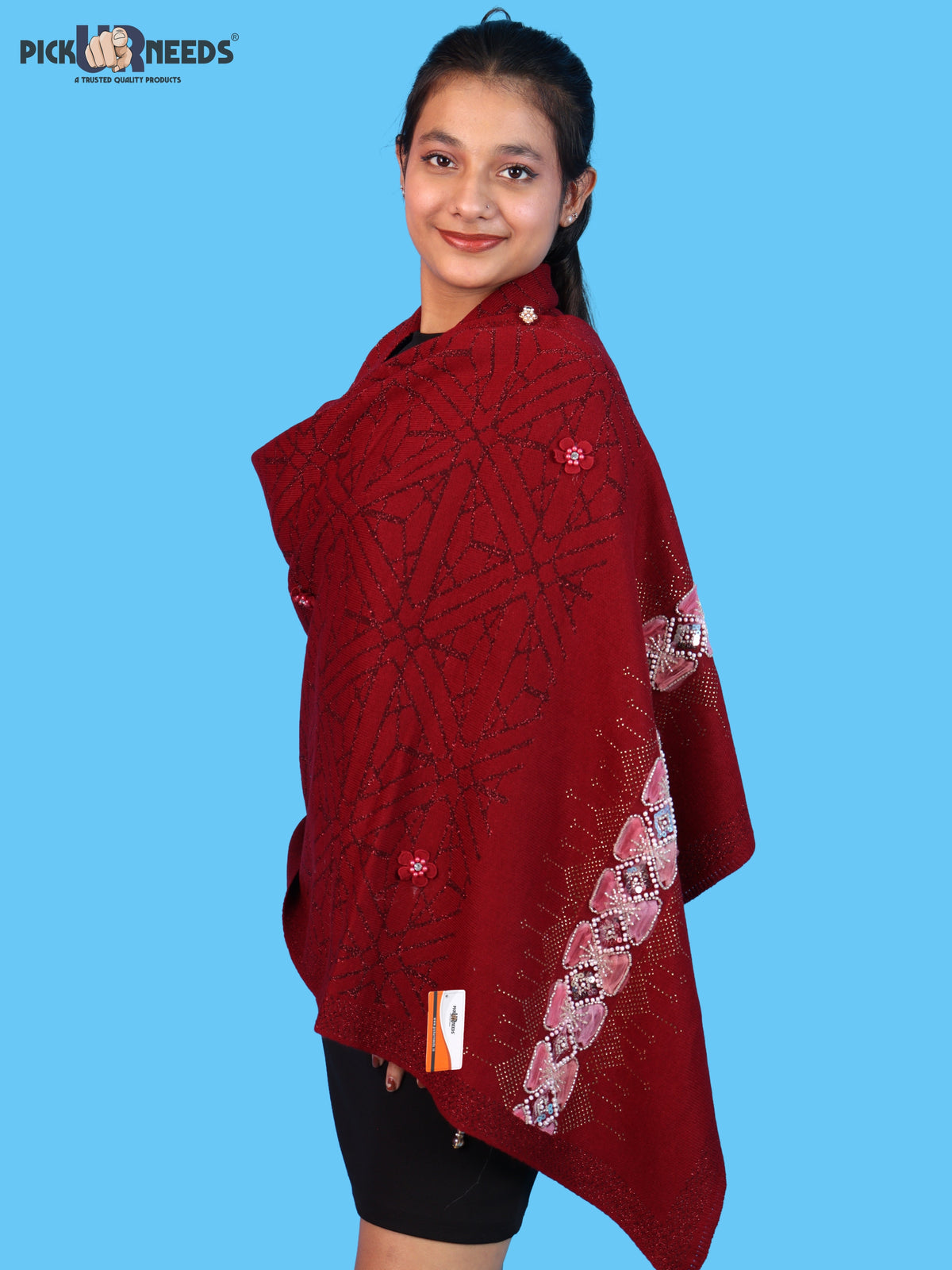 Pick Ur Needs Womens Soft Woolen Winter Girls Shawl with Elegant Geometric Design & Floral Embellishments Lightweight Warm Comfortable Ladies Shawl