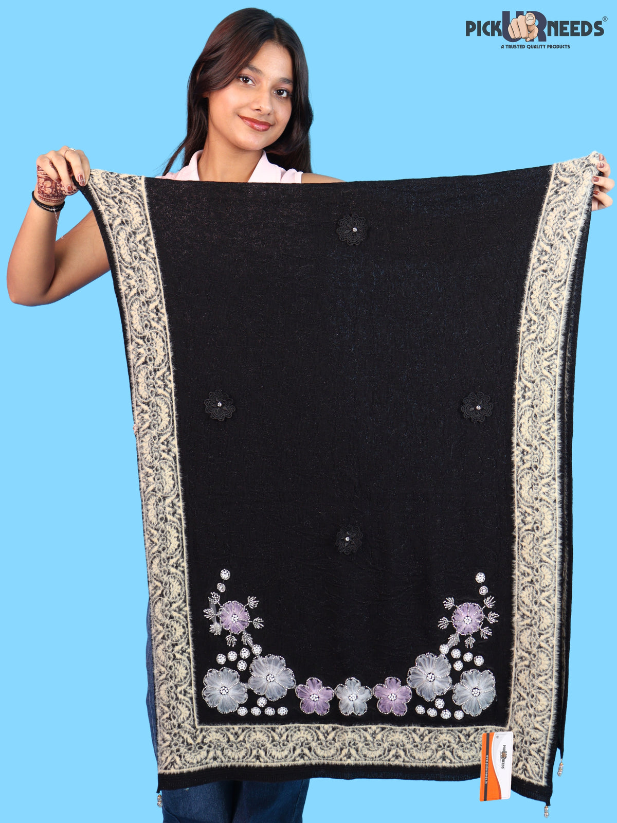 Pick Ur Needs Winter Woolen Womens Open Front Stylish Shrug with Elegant Floral Embroidery & Designer Border Soft Warm for Ladies & Girls