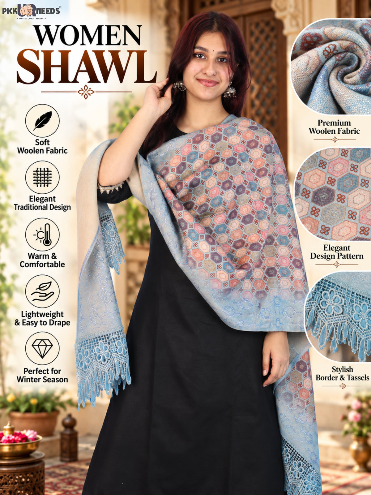 Pick Ur Needs Premium Stylish Womens & Girls Elegant Woolen Shawl Soft Warm Printed Stole with Lace Tassels