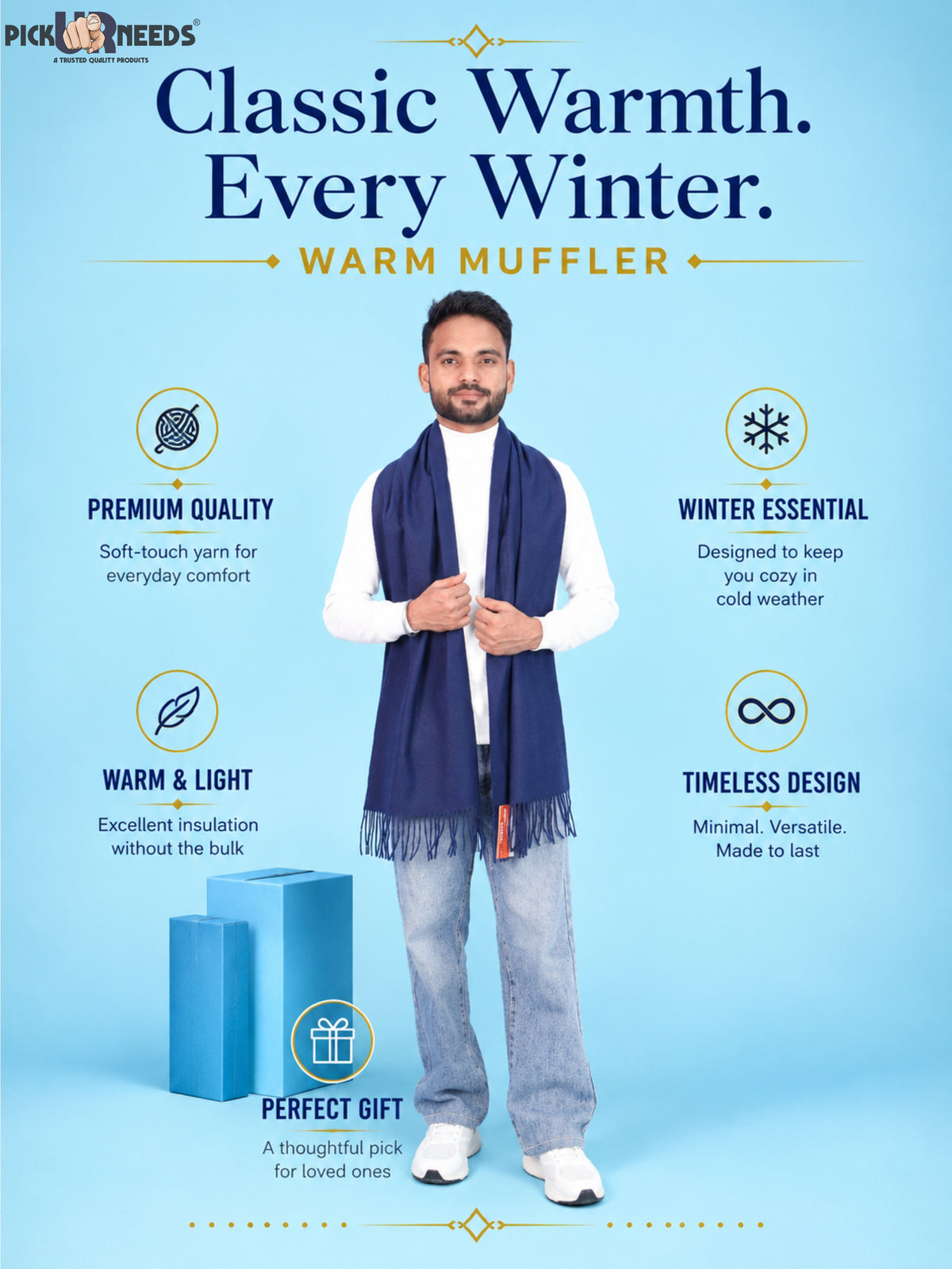 Pick Ur Needs Men’s Woolen Muffler Scarf Soft Warm Boys Winter Neck Wrap, Elegant Solid Style, Long Design with Decorative Fringes
