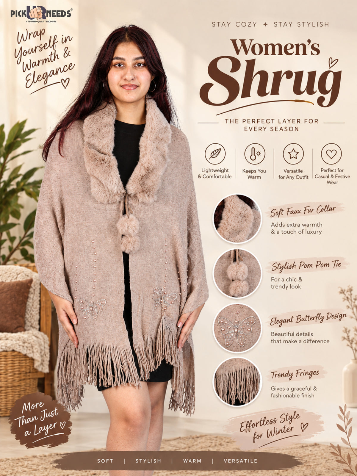Pick Ur Needs Womens Faux Fur Collar Shrug with Pom Pom Tie Shawl Elegant Fringed Winter Wrap for Women & Girls