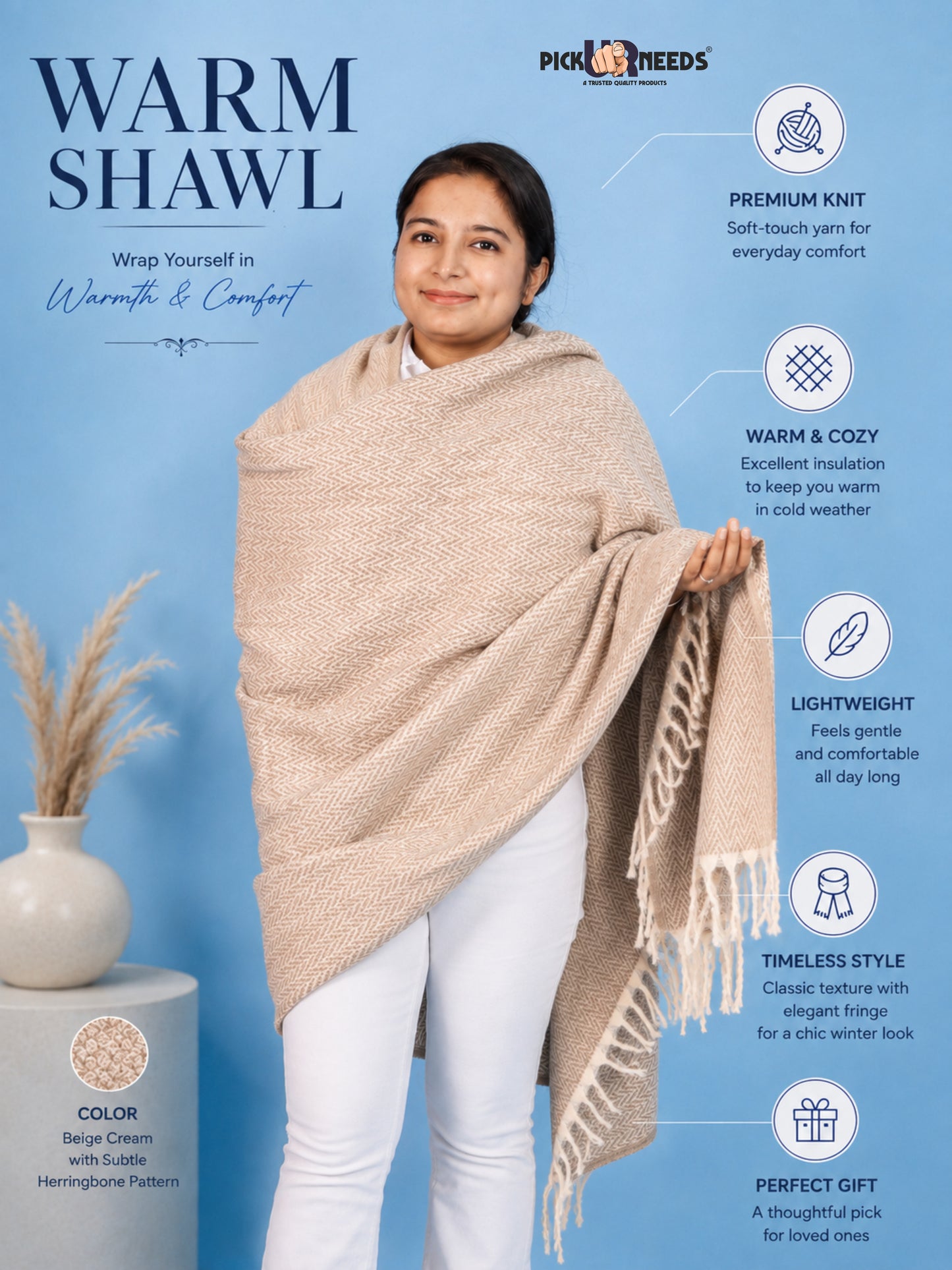 Pick Ur Needs Women’s Winter Muffler Shawl Soft & Warm Knitted Herringbone Wrap with Elegant Fringe Stole For Girls