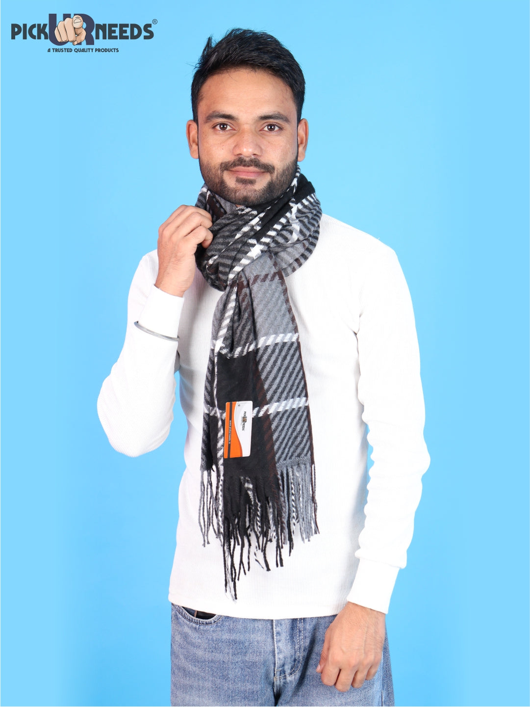 Pick Ur Needs Premium Winter Shawl & Muffler for Men & Boys | Soft Warm Checkered Pattern Woolen Style Stole Stylish Long Scarf with Fringed Ends Comfortable Neck Wrap for Winter Wear