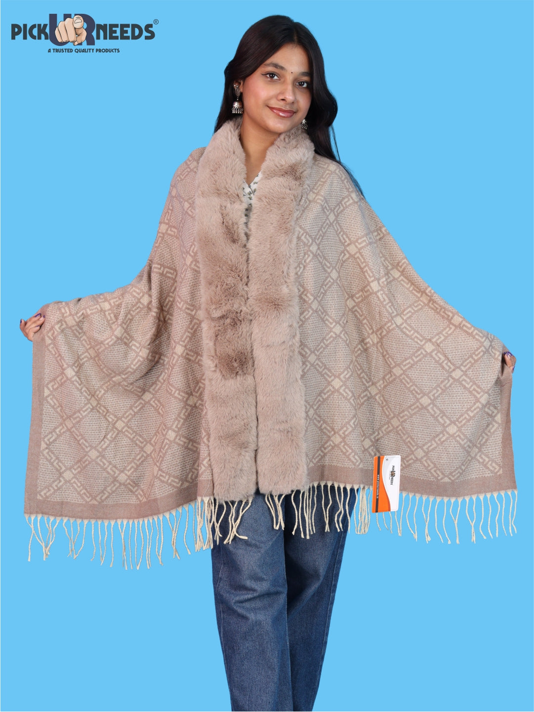 Pick Ur Needs Stylish Womens & Girls Winter Wear Shawl with Fur-Style Soft Warm Printed Wrap Stole with Fringes